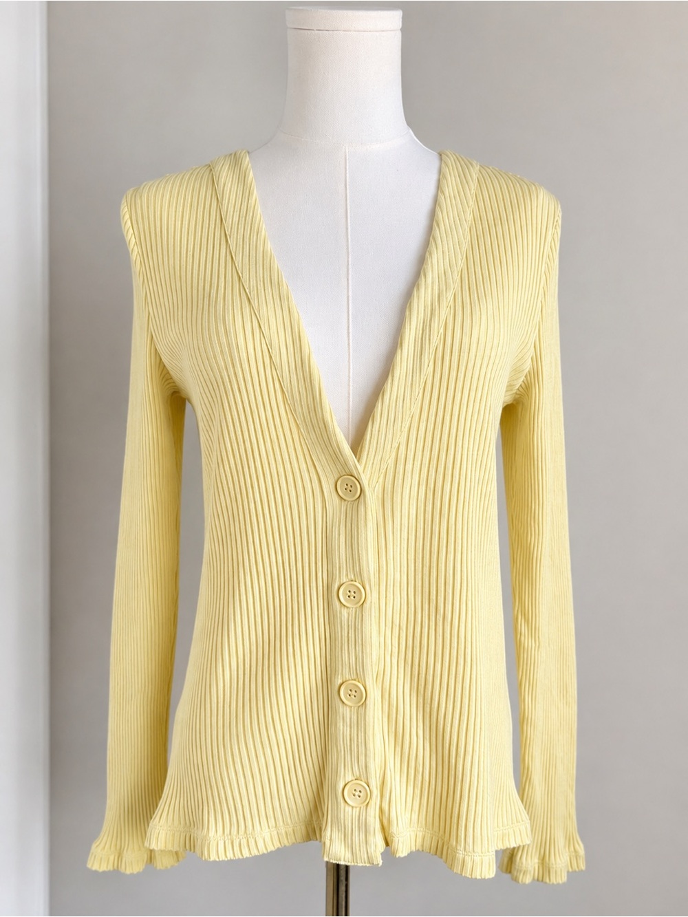 COS Ribbed Knit Cardigan Butter Yellow Cotton Blend Button Front Sweater